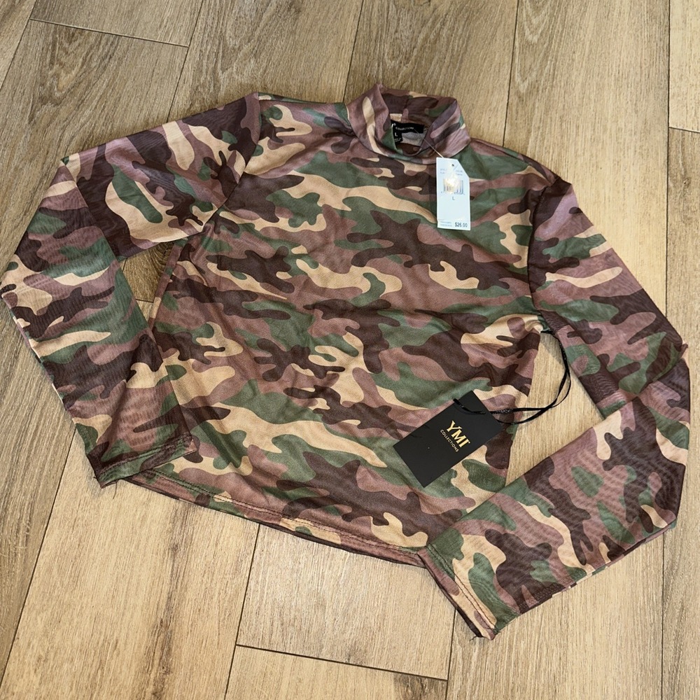 YMI‎ Collections Camo Mesh Mock Neck Long Sleeve Top Large NWT TL4415